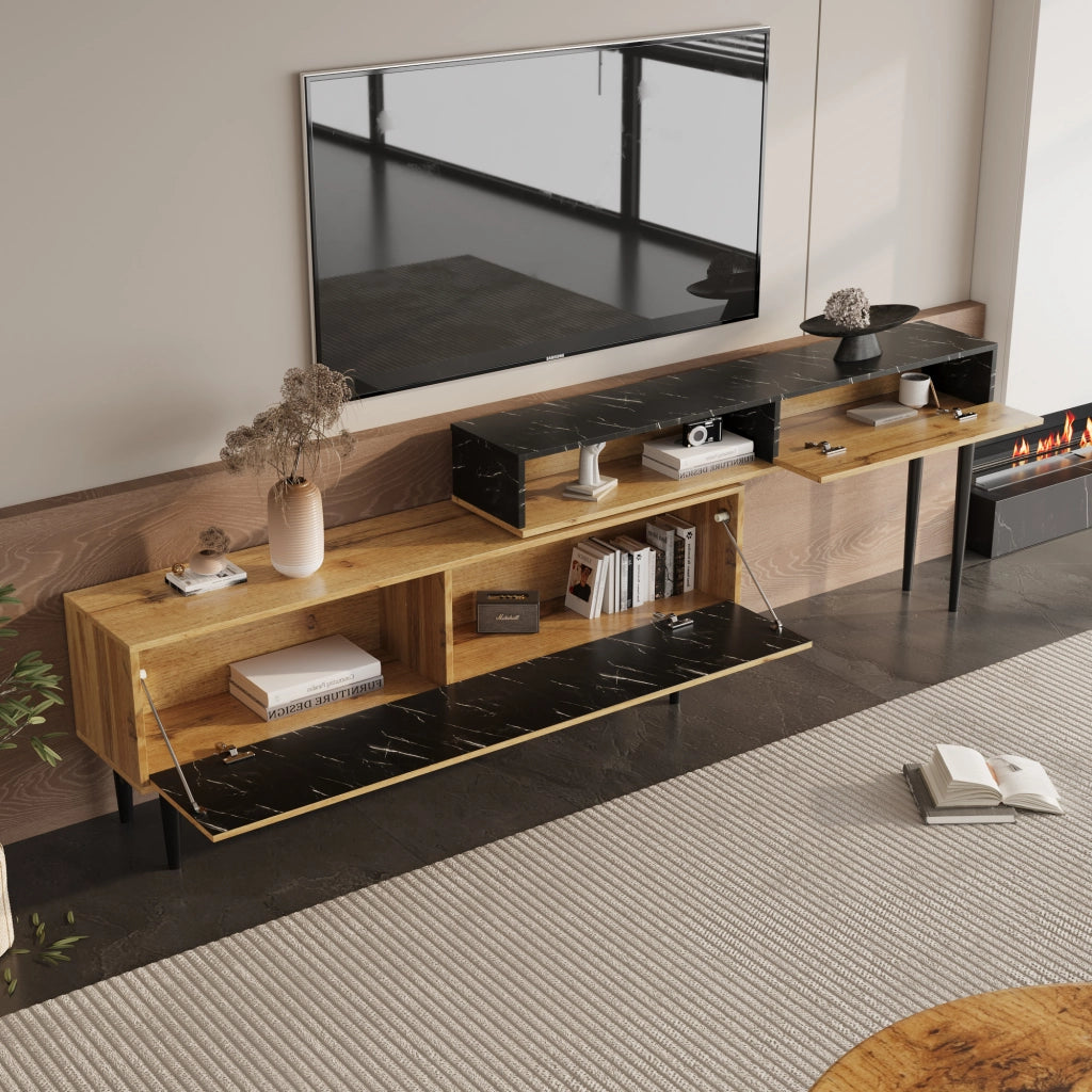 Mobile TV con 3 Ripiani Aperti; Bordo in PVC; Gambe in Ferro; Effetto Marmo e Venatura Legno; in MDF; Legno Naturale