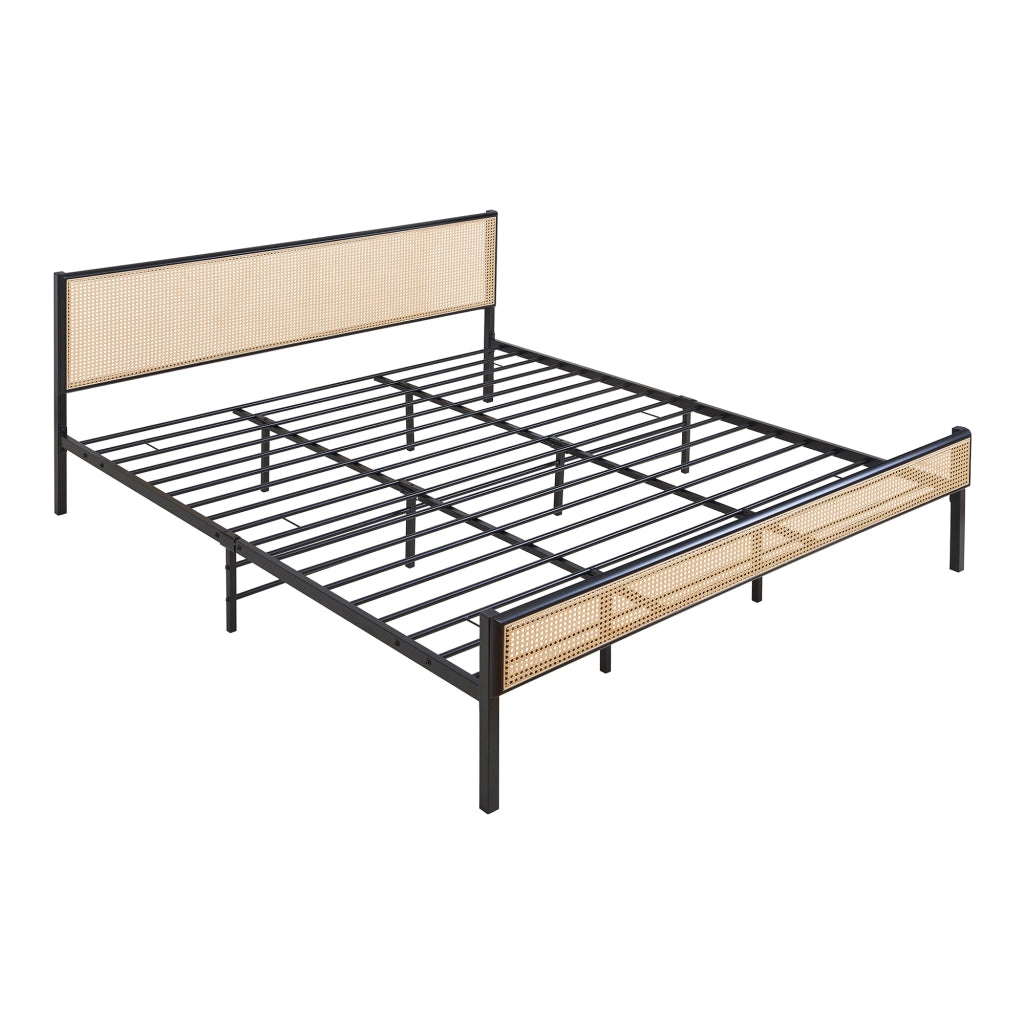Letto Matrimoniale Linköping in Metallo Nero con Materasso 180x200 cm Testiera e Pediera Effetto Rattan [en.casa]