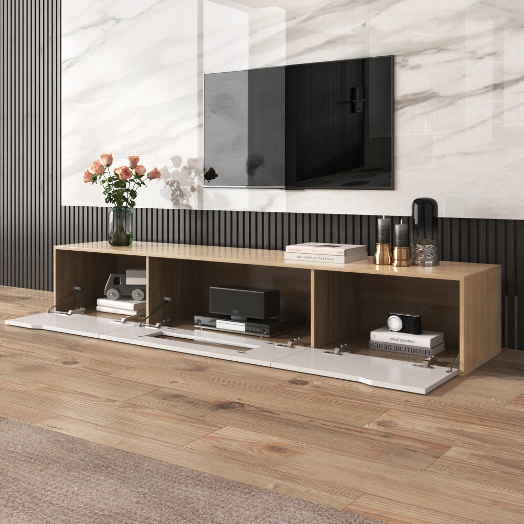 Mobile TV con Ante Scanalate e LED 16 Colori; Bianco Lucido e Effetto Legno; 180¡Á35¡Á30 cm; in Pannello Truciolare