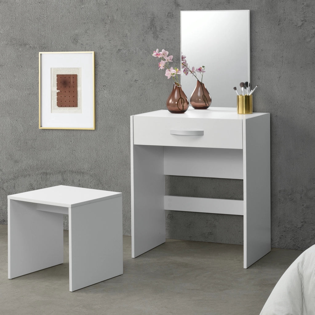 Tavolo da Trucco Reykjavik con Specchio Cassetto e Sgabello - Bianco [en.casa]