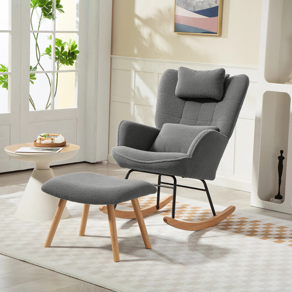 Poltrona a Dondolo con Poggiapiedi ¨C Minimal ¨C Tessuto Grigio Scuro, Gambe in Legno
