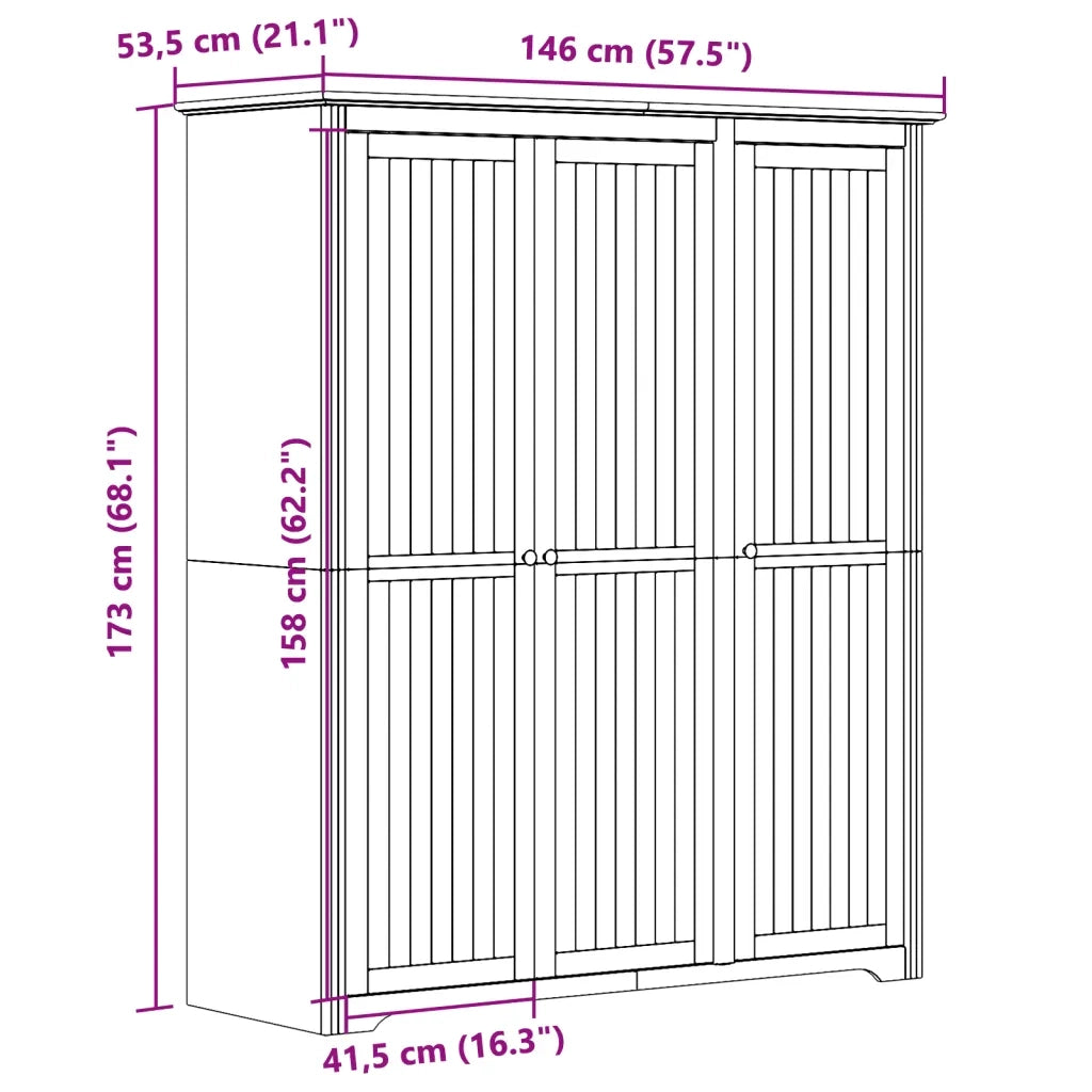 Armadio BODO 146x53,5x173 cm in Legno Massello di Pino Bianco