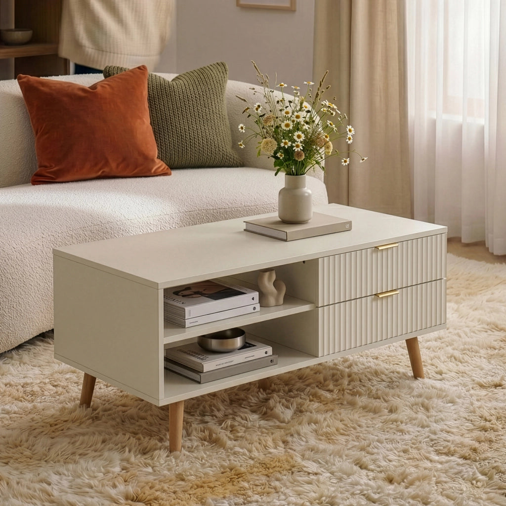 Tavolino da Salotto Nand con 2 Cassetti e 3 Scomparti Aperti 100 x 50 x 45 cm - Color Avena [en.casa]