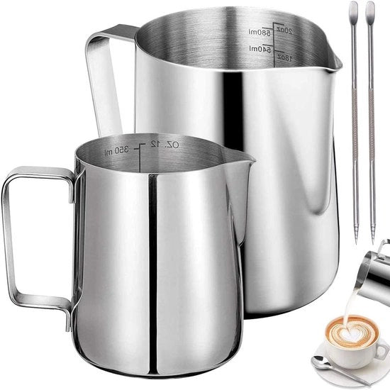 Set di Latte in Acciaio Inossidabile - 350 ml e 600 ml - Compreso 2 Pennelli per Latte Art