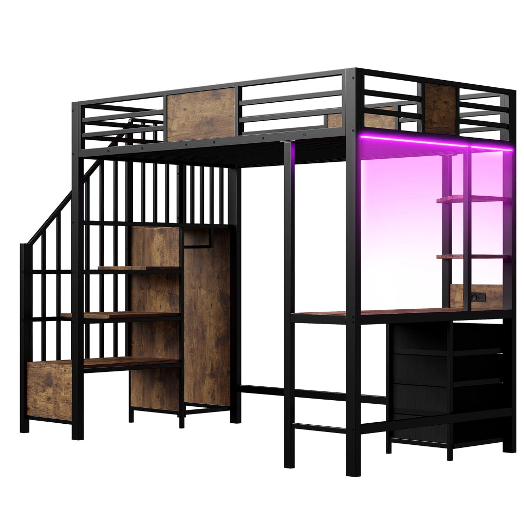 Letto a soppalco 90x200 cm in metallo con scrivania, ripiani, appendiabiti, LED e presa