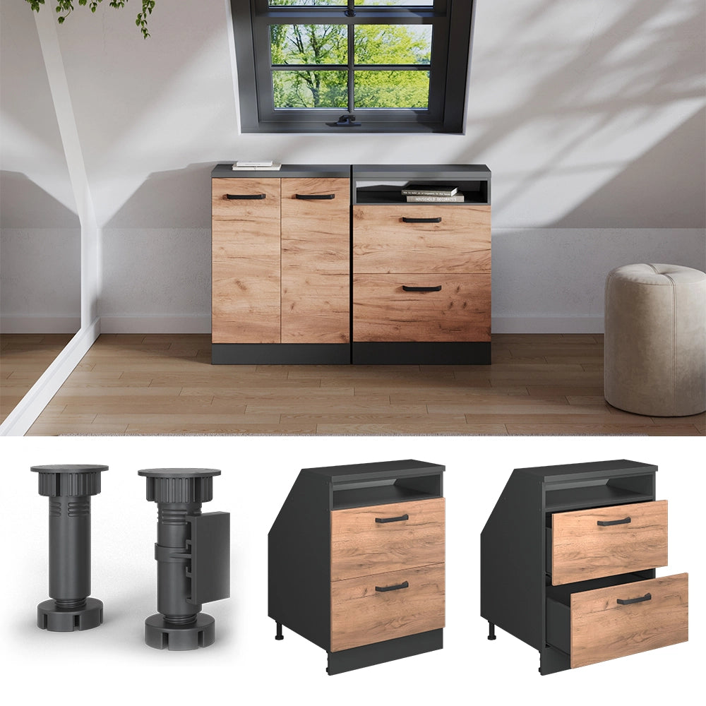 Mobile sottotetto Rion Rovere dorato/Antracite 60 x 83.8 cm con 2 cassetti, carcassa 60 cm profondità Vicco