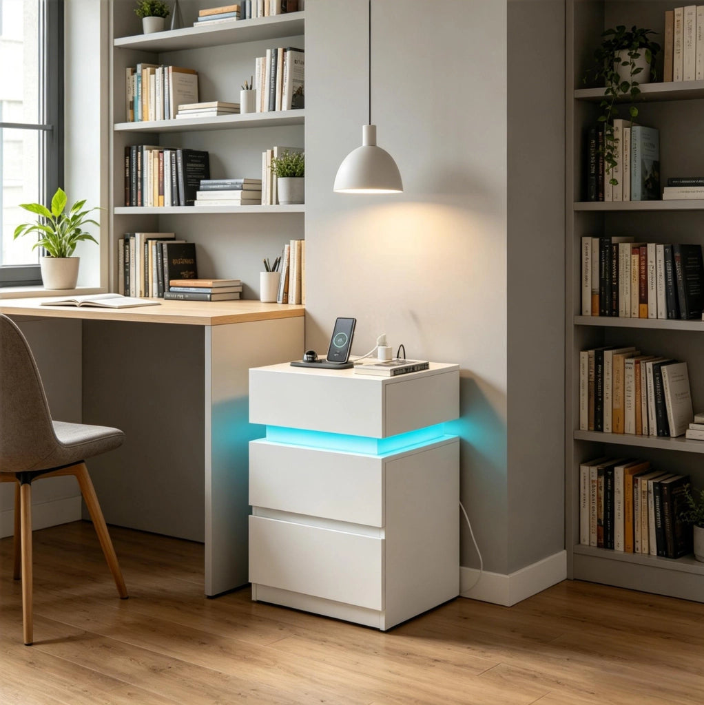 Set 2 comodini bianchi con LED, prese USB e 2 cassetti