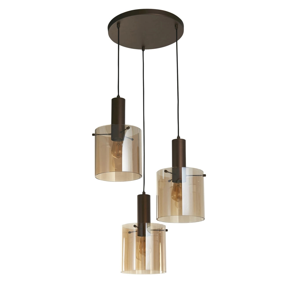 Lampadario Contemporaneo Svezia Acciaio Marrone Vetro 3 Luci E27