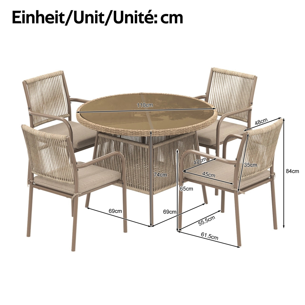 Set Tavolo Rotondo in Vetro e 4 Sedie con Braccioli in Polyrattan ¨C MINIMAL ¨C Ferro, Giardino/Balcone