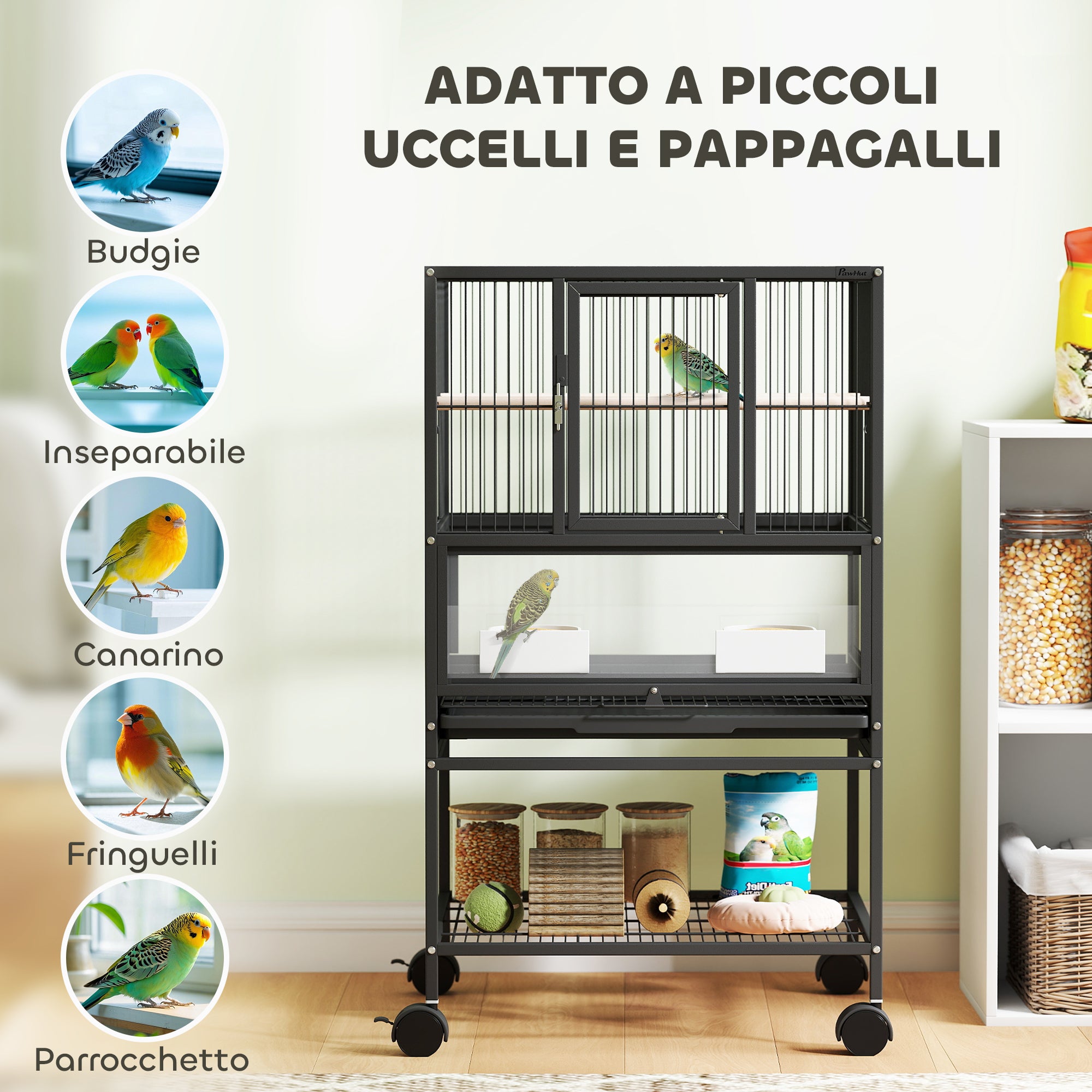 Gabbia per Uccelli 48x46x83 cm Vassoio e Griglia Rimovibili con Ripiano Portaoggetti in Acciaio e PP Nero