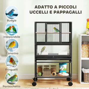 Gabbia per Uccelli 48x46x83 cm Vassoio e Griglia Rimovibili con Ripiano Portaoggetti in Acciaio e PP Nero