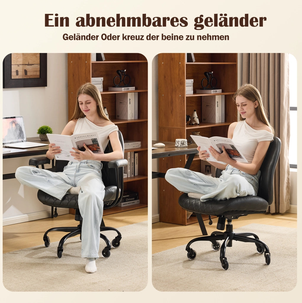 Sedia ergonomica da ufficio in pelle nera con braccioli removibili e ruote silenziose