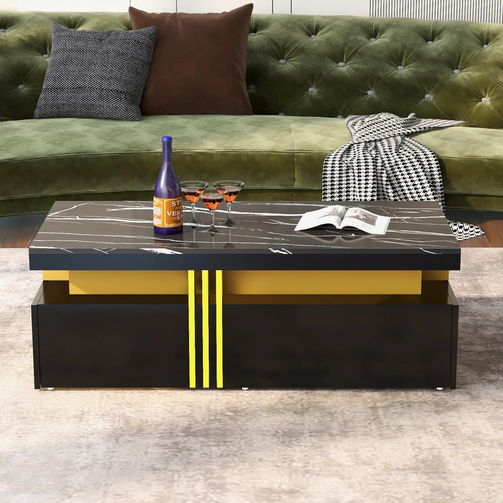 Tavolino da caffè rettangolare con 2 cassetti; piano lucido effetto marmo; lati in metallo oro; nero; 100 × 50 × 40 cm