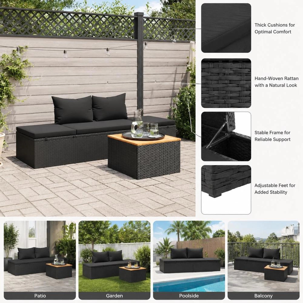 Sun Lounger With Cushion, Poly Rattan, Black