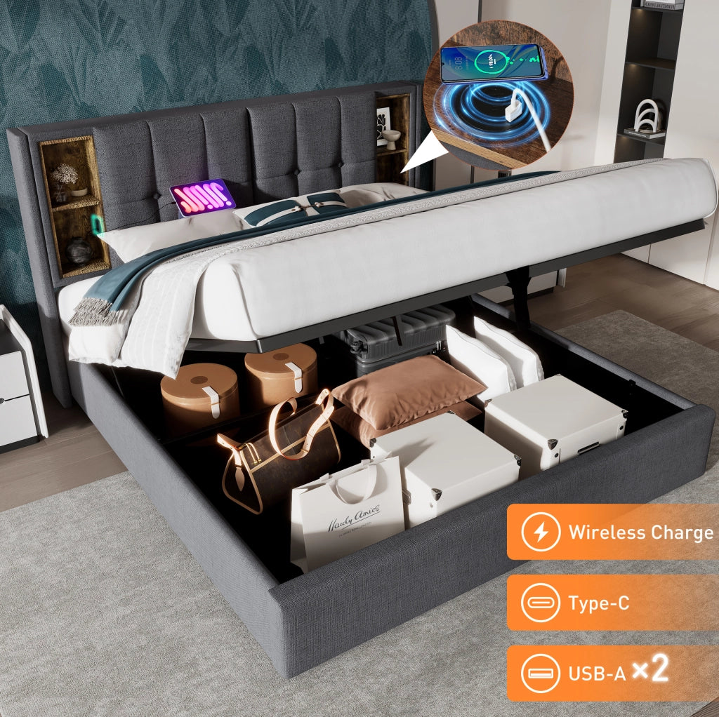 Letto matrimoniale imbottito ULEVR 160x200 cm con contenitore, ricarica wireless, USB e Type-C, cotone grigio