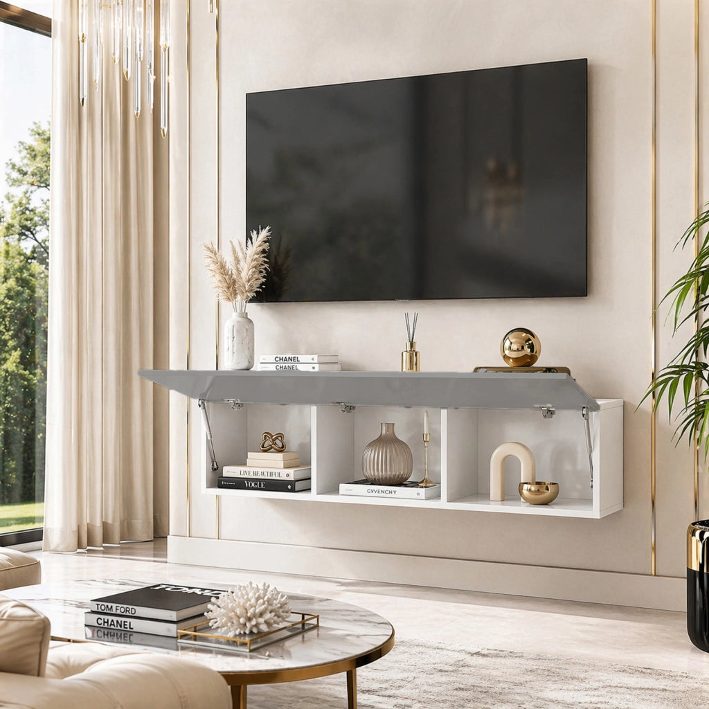 Mobile TV Sospeso Design Minimal Con 3 Vani Contenitore Anta A Ribalta Reversibile Frontale Lucido In Melaminico Per Soggiorno Salotto Zona Living 160 X 34 X 40 Cm Grigio E Bianco