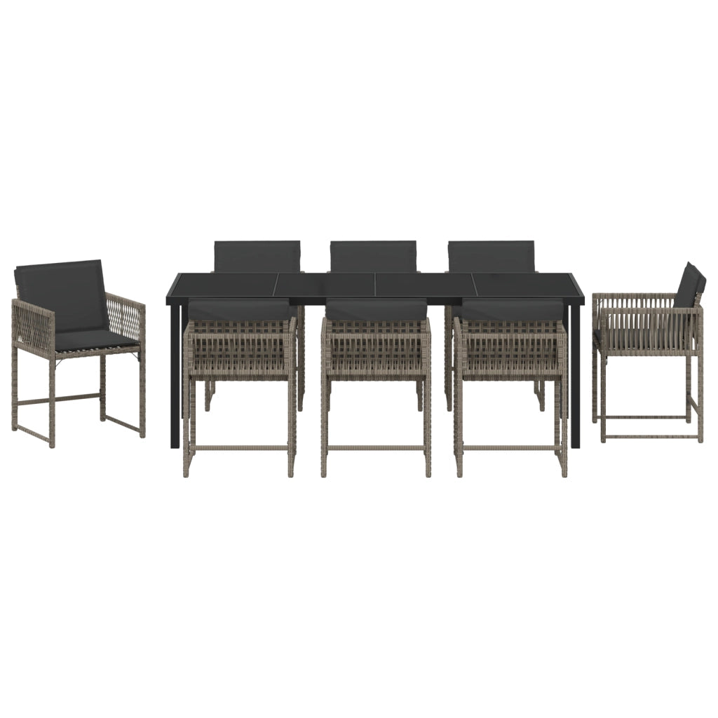 Set da Pranzo da Giardino 9 Pezzi con Cuscini Grigi in Rattan