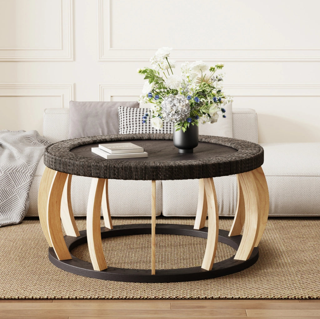 Tavolino da caffè rotondo in legno nero e marrone, 90 cm