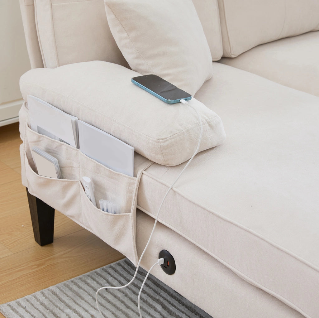 Divano a U a 4 posti con due chaise longue; tessuto in lino beige; 250x130x88 cm