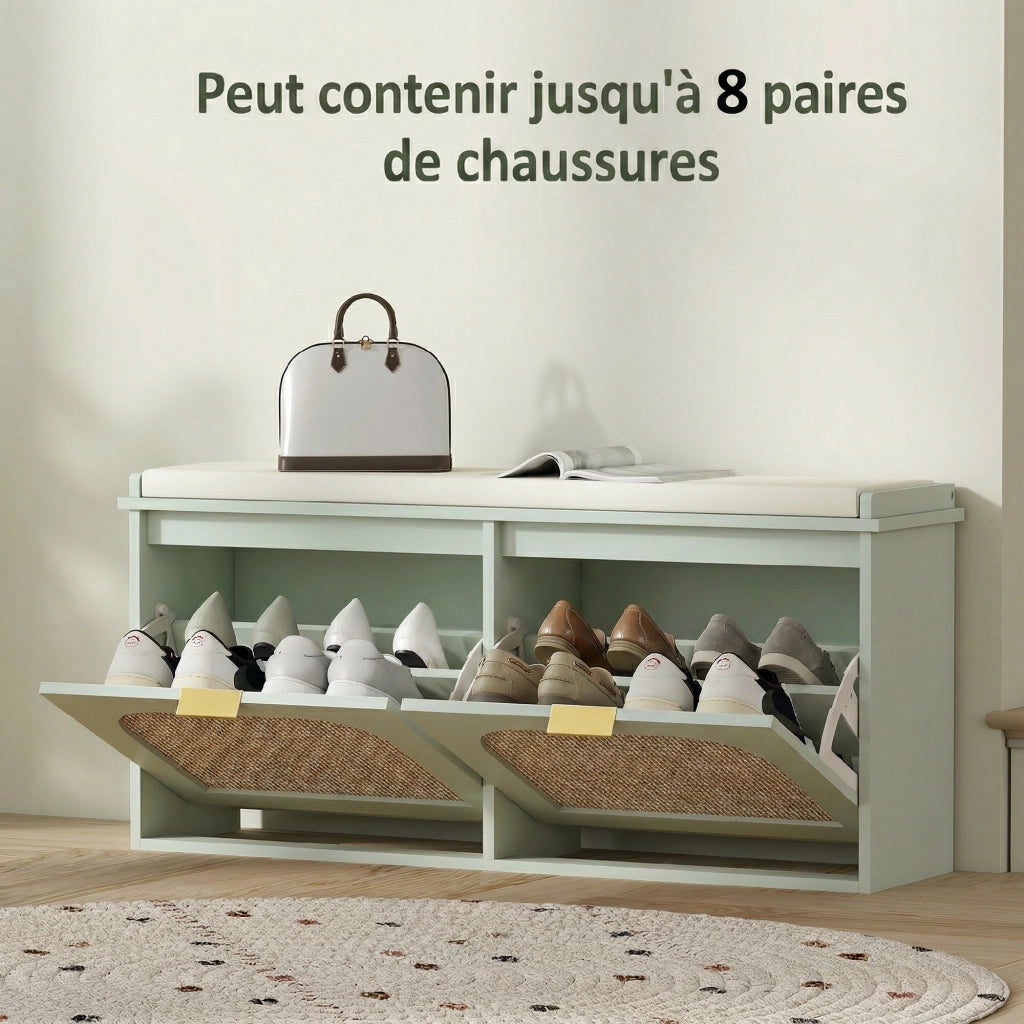 Panca scarpe con cassetti e schienale in rattan ¨C zephmum ¨C 104x26x47,5 cm verde