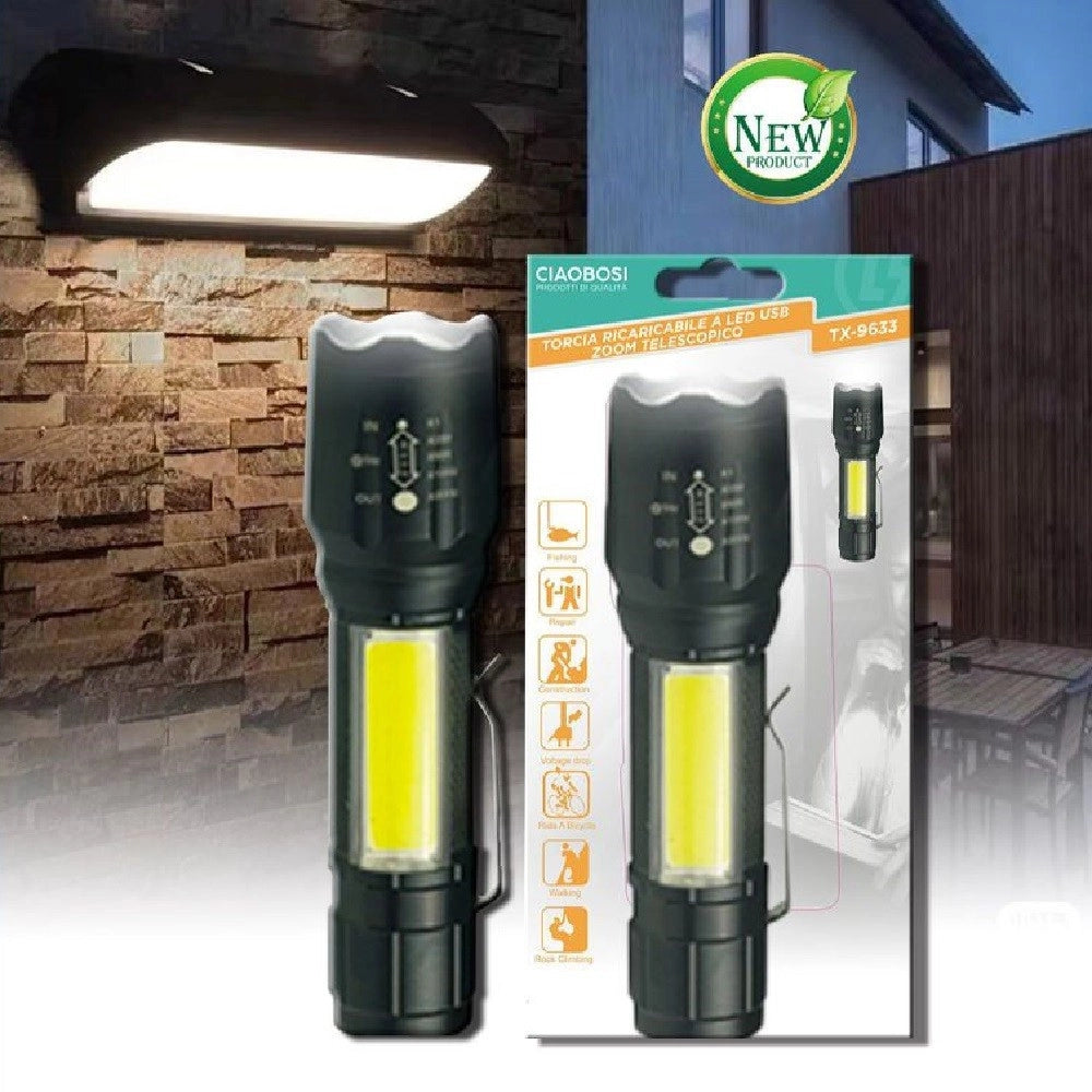 Trade Shop - Torcia Tattica Usb Ricaricabile A Led Zoom Telescopico Escursioni Pesca Tx-9633 -