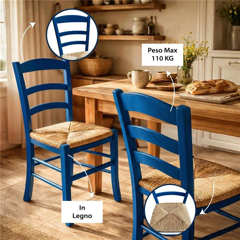 SET 4 SEDIE PAESANA IN LEGNO CON SEDUTA IN PAGLIA E SCHIENALE ALTO 42X40X87H CM COLORE BLU