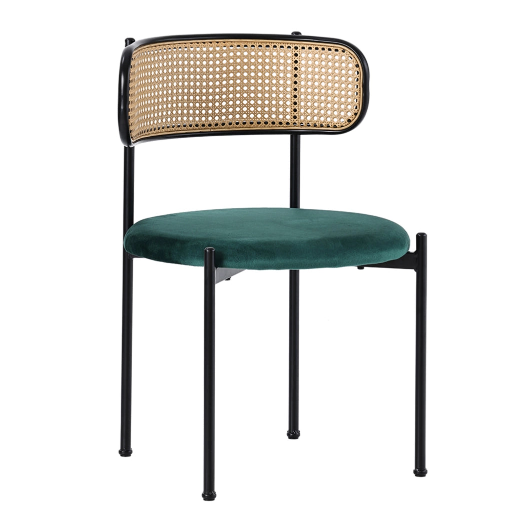 Set tavolo da pranzo e sedie con schienale in rattan; gambe in metallo; truciolato; nero e grigio