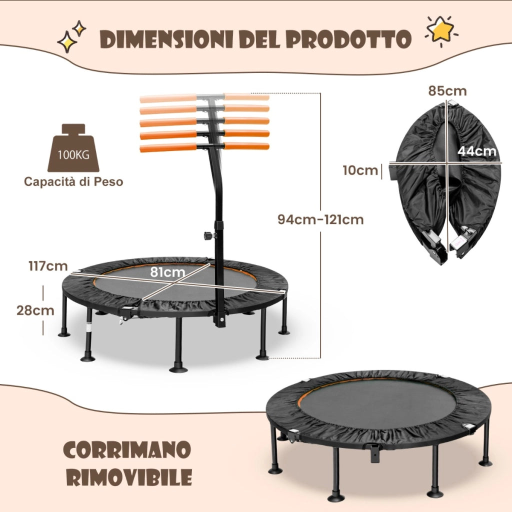 Trampolino silenzioso fitness per bambini e adulti con maniglia regolabile-Trampolino pieghevole 117cm Arancione