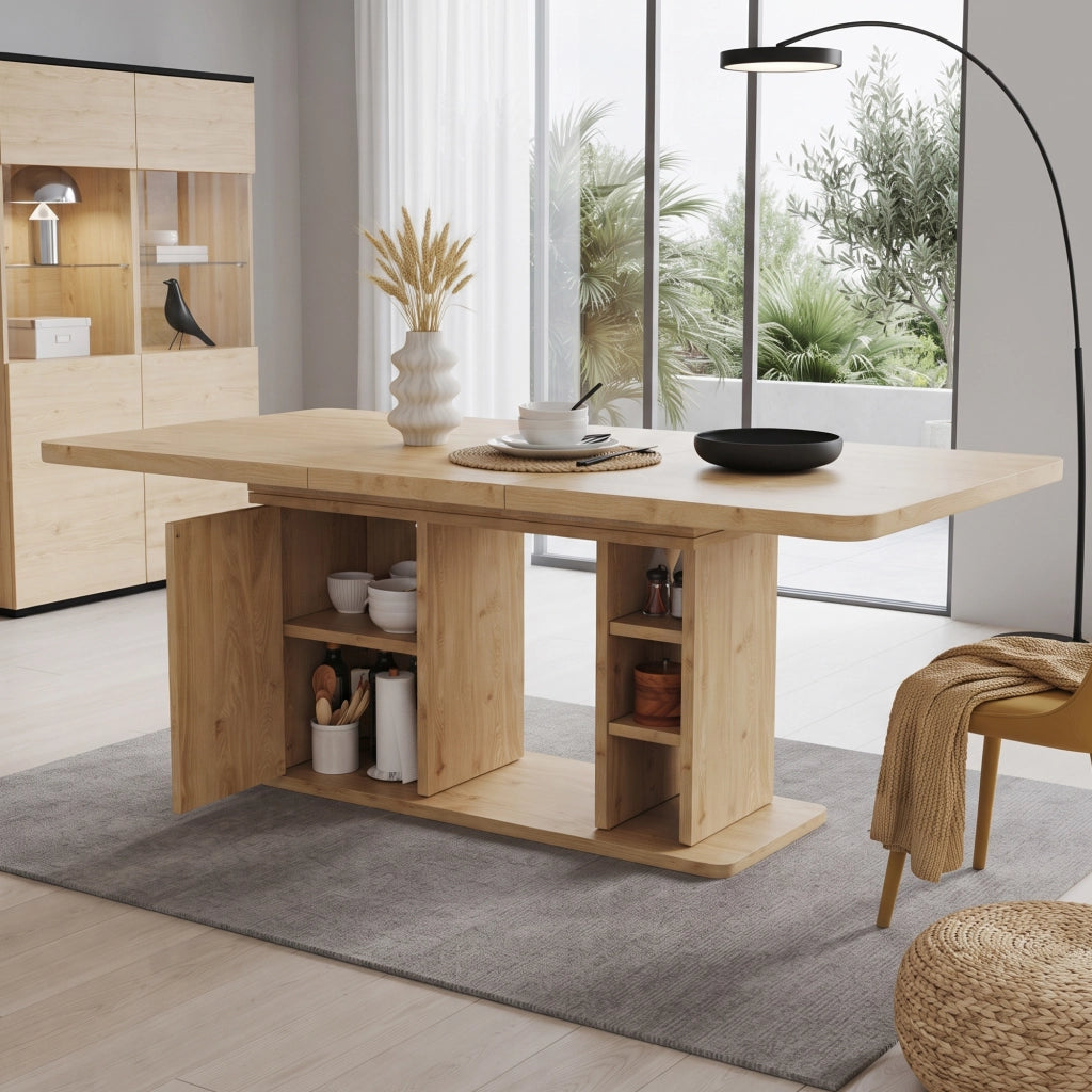 Tavolo da pranzo - estraibile 140/180x80 cm - con vano - per 6-8 persone - stile scandinavo - rovere
