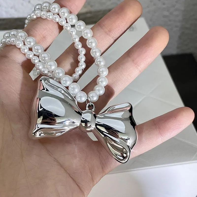 Collana doppia fatta a mano con fiocco in argento e perle, regalo di Natale per donna, regalo di compleanno