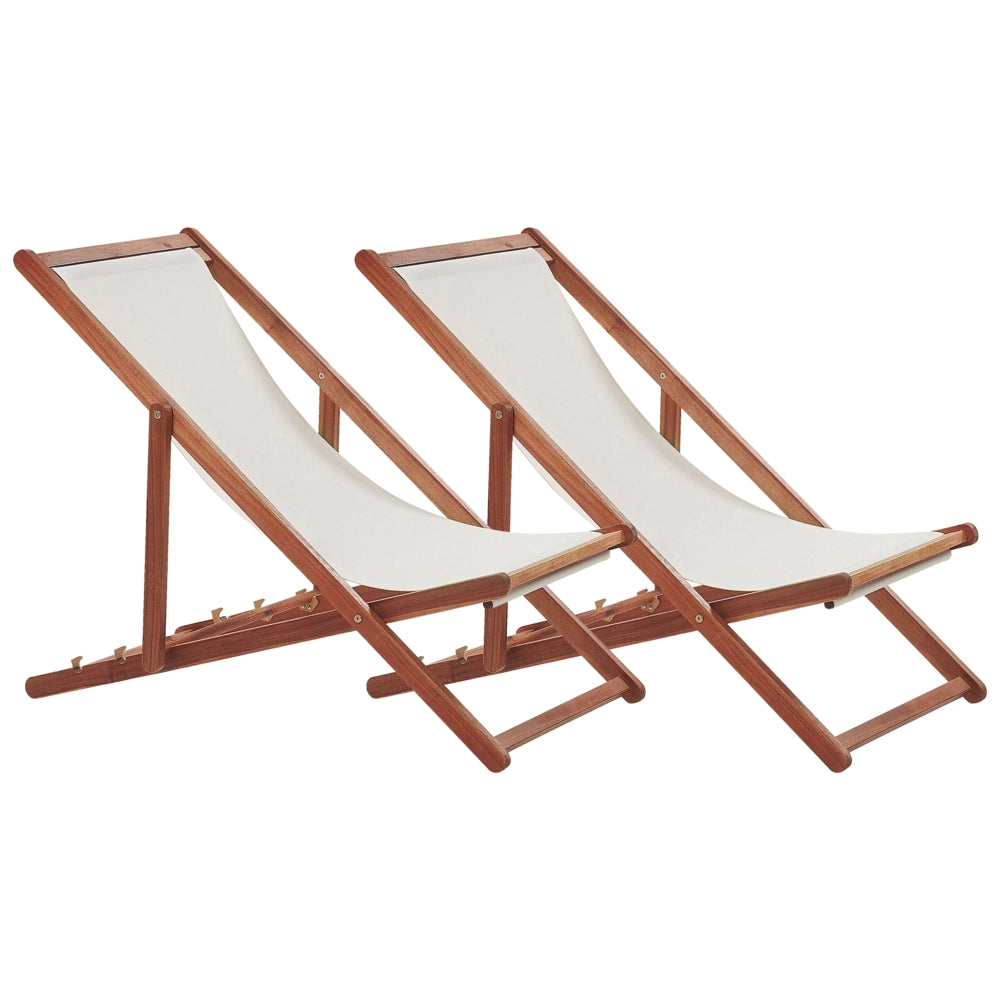 Set di 2 sedie a sdraio da giardino con seduta in tessuto bianco sporco e struttura in legno di acacia scuro sdraio reclinabili e pieghevoli