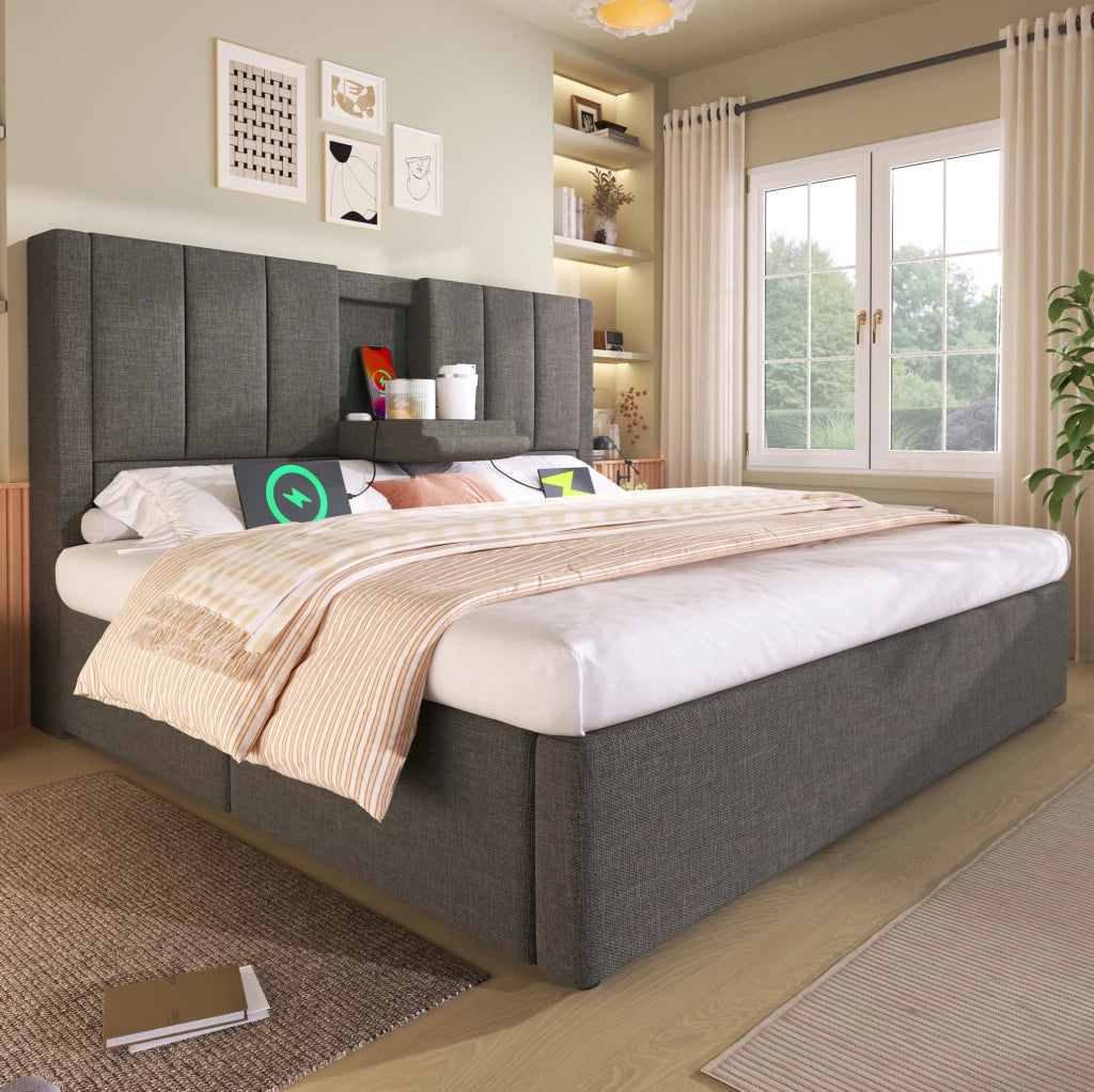 Letto matrimoniale imbottito 180x200 cm in lino grigio con contenitore; porta bicchieri e ricarica USB