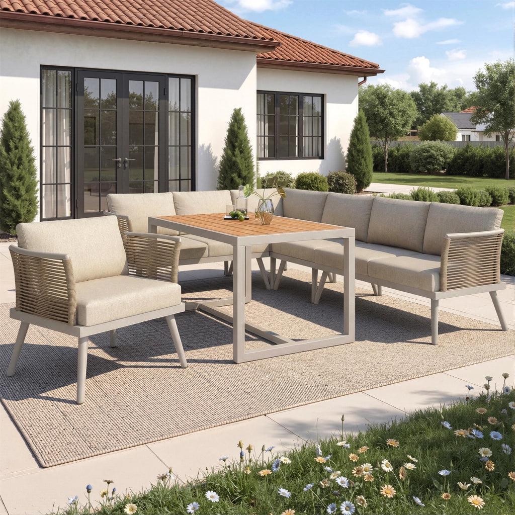 Salotto da Giardino con 4 Divani; Tavolino e Cuscini per 7 Persone; Ferro; Beige