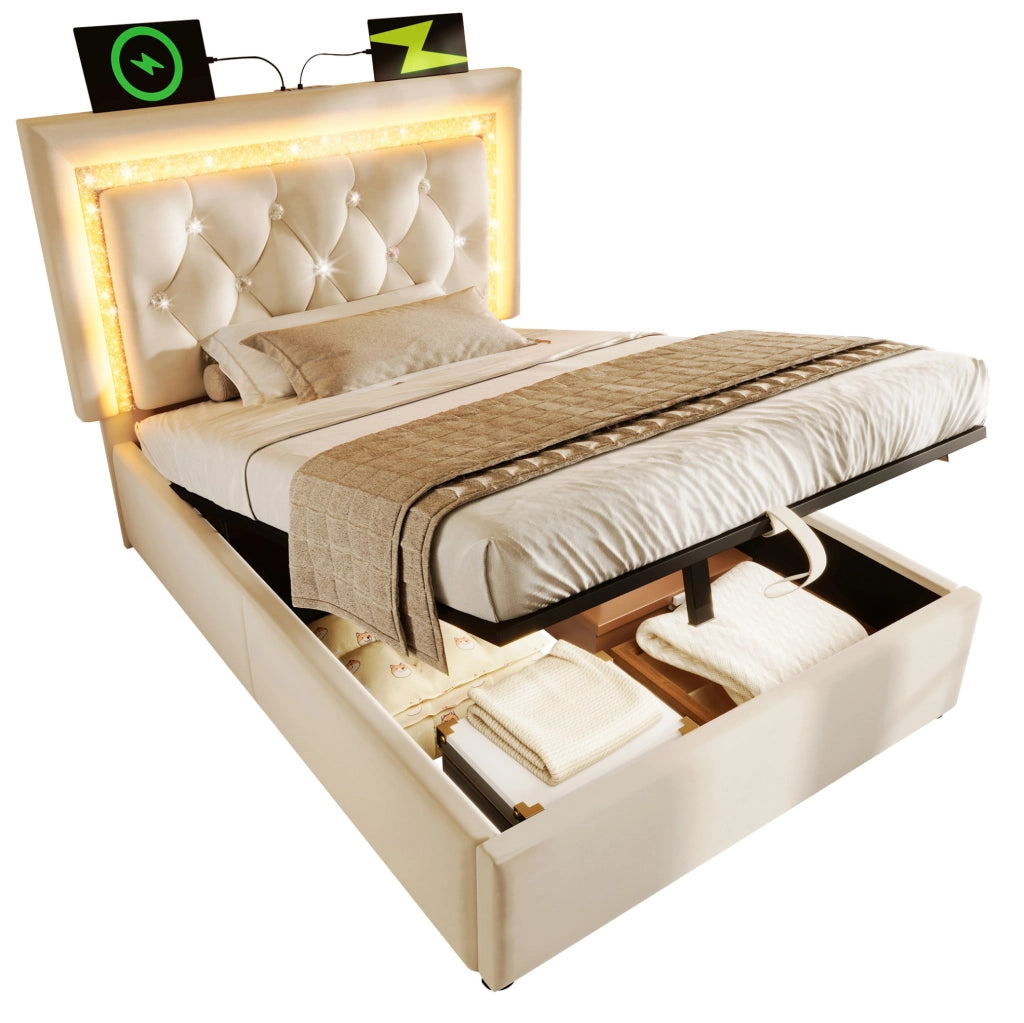 Letto 90x200 cm in velluto beige con LED; USB Type-C; contenitore e materasso