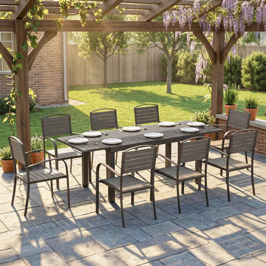 Set  9 Pezzi Pranzo da Esterno con Tavolo Estensibile in Alluminio e 8 Sedie Grigio