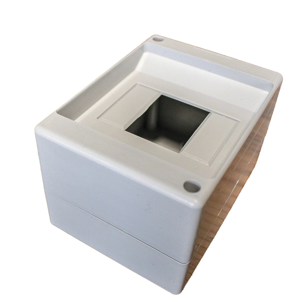 Centralino da parete con binario DIN stampato su base, 4 moduli, 130x90x86 mm, grigio RAL 7035, IP40, ideale per installazioni elettriche interne