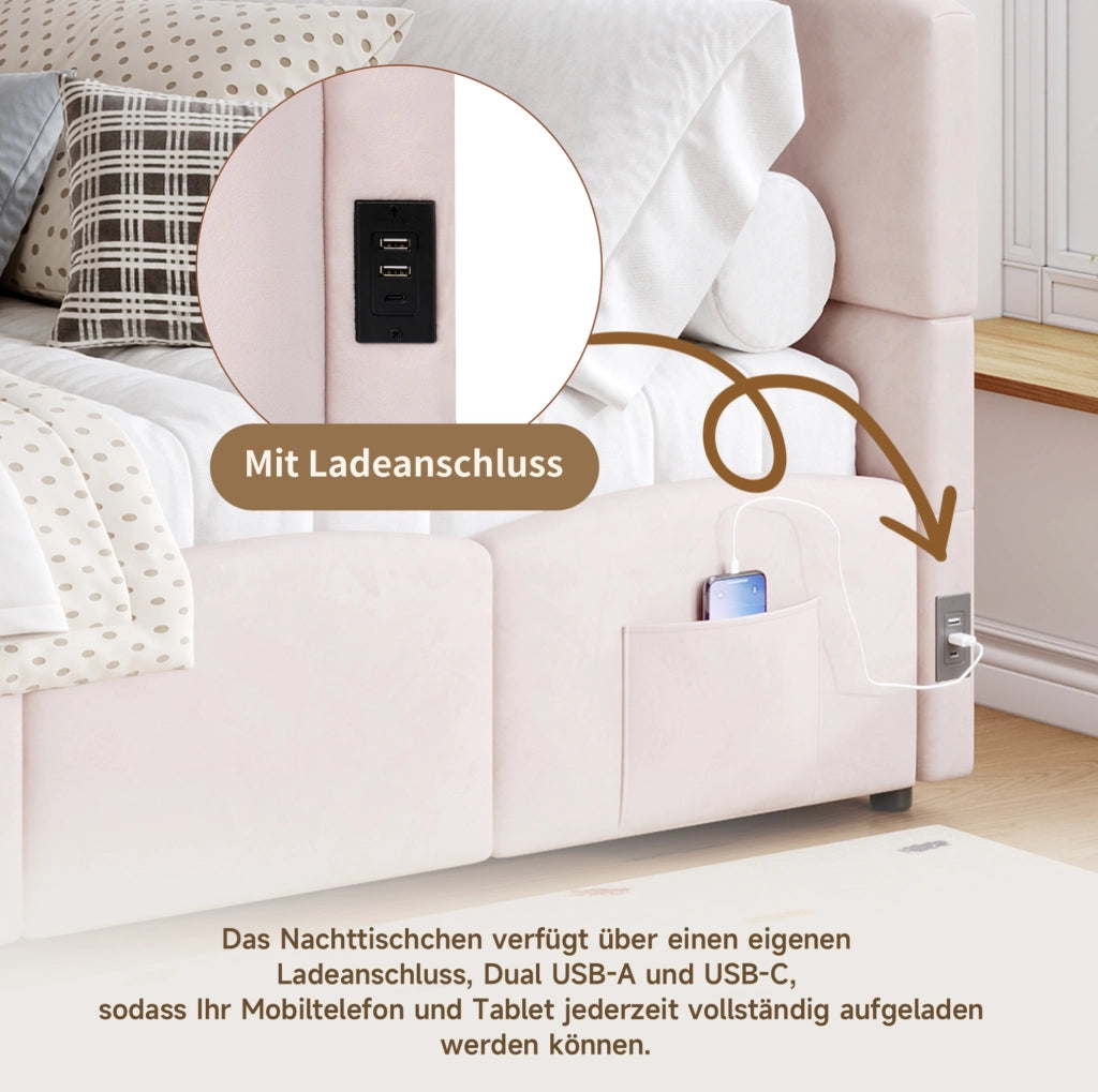 Letto singolo imbottito 90x200 cm con contenitore idraulico; USB-A e USB-C; velluto rosa