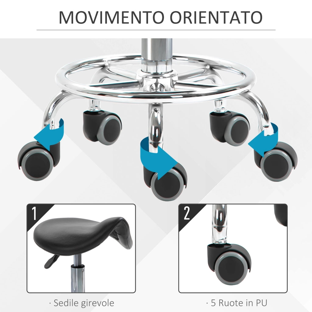 Sgabello con 5 Ruote 36,2x37,5x51-66 cm Seduta Ergonomica Imbottita in Gommapiuma Nero