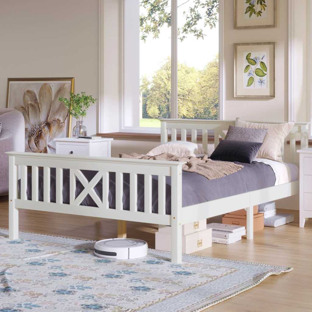 Letto matrimoniale in legno massello 140x200 cm con testiera a X, rete a doghe e spazio contenitore, bianco