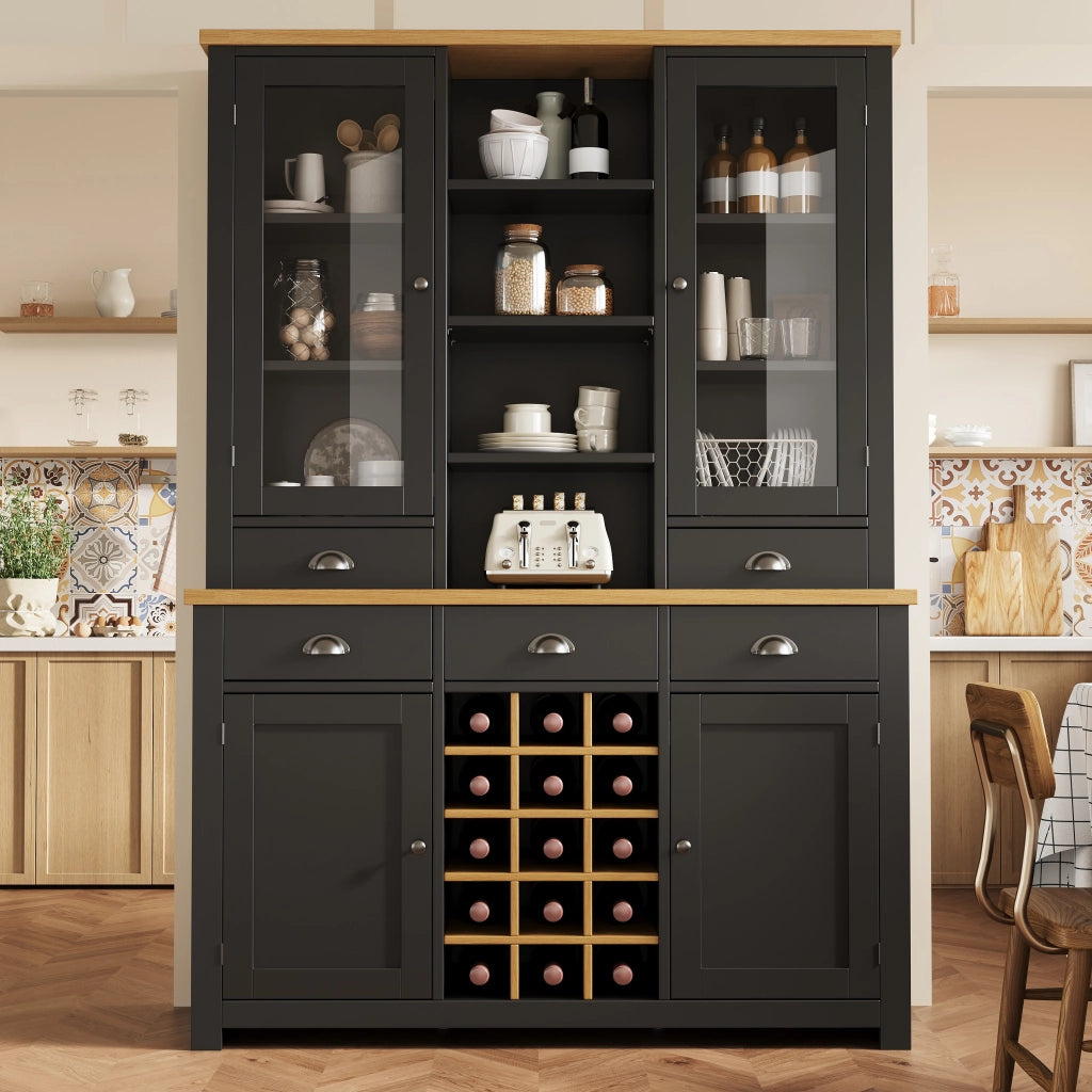 Credenza alta con vetrina 5 cassetti ripiano regolabile soft-close e portabottiglie estraibile per cucina e soggiorno