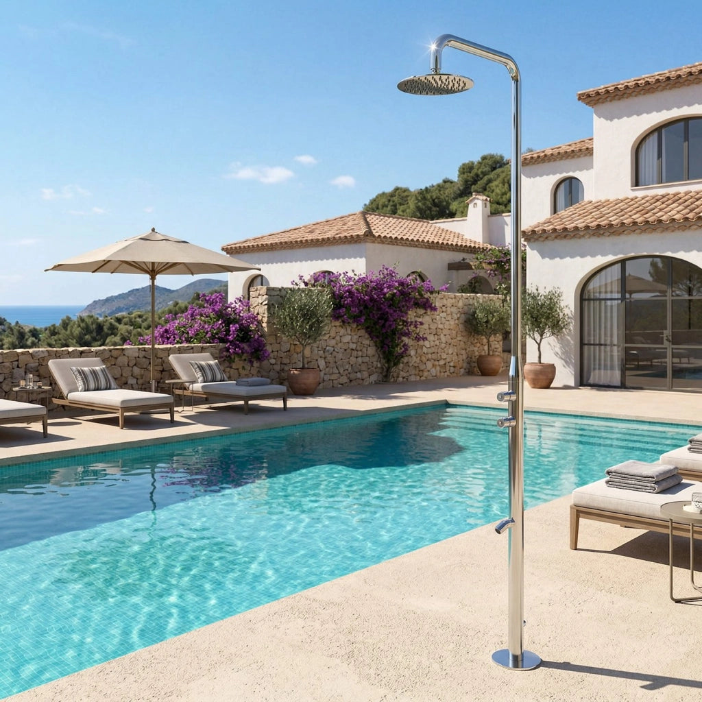 MPC Doccia piscina outdoor inox acciaio inox 316L con soffione 25 cm e lavapiedi pulsanti temporizzati indipendenti ingresso acqua dal basso MX3038DT-INOX