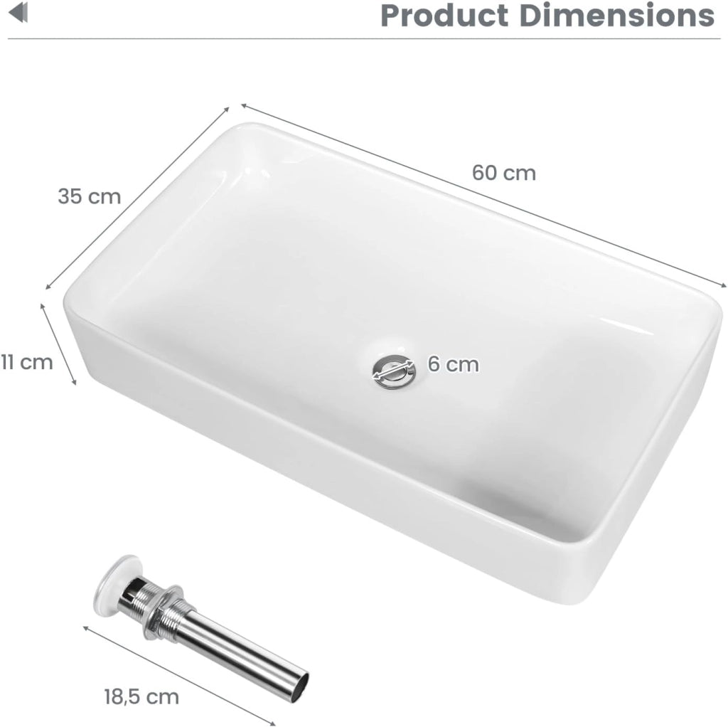 Lavabo da Appoggio Angolare, Lavandino Bagno in Ceramica, Mobile Lavabo Bagno con Scarico Pop-up, per Bagno e WC Degli Ospiti, 60x35x11cm