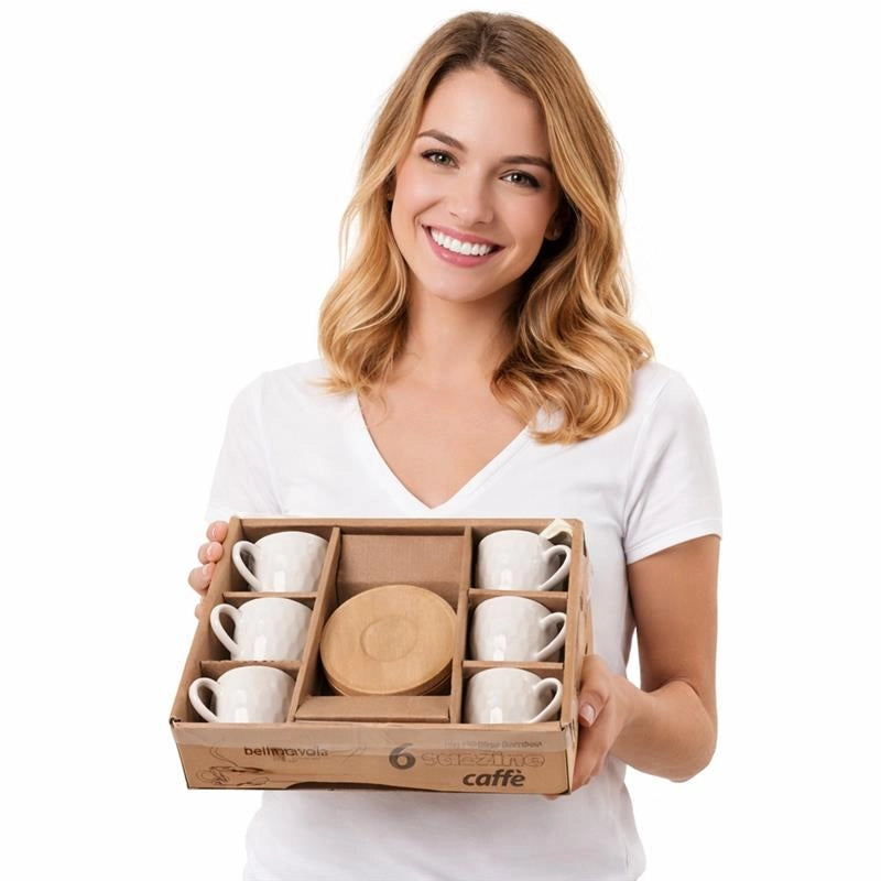 SET 6 TAZZINE DA CAFFÈ CON PIATTINO IN LEGNO