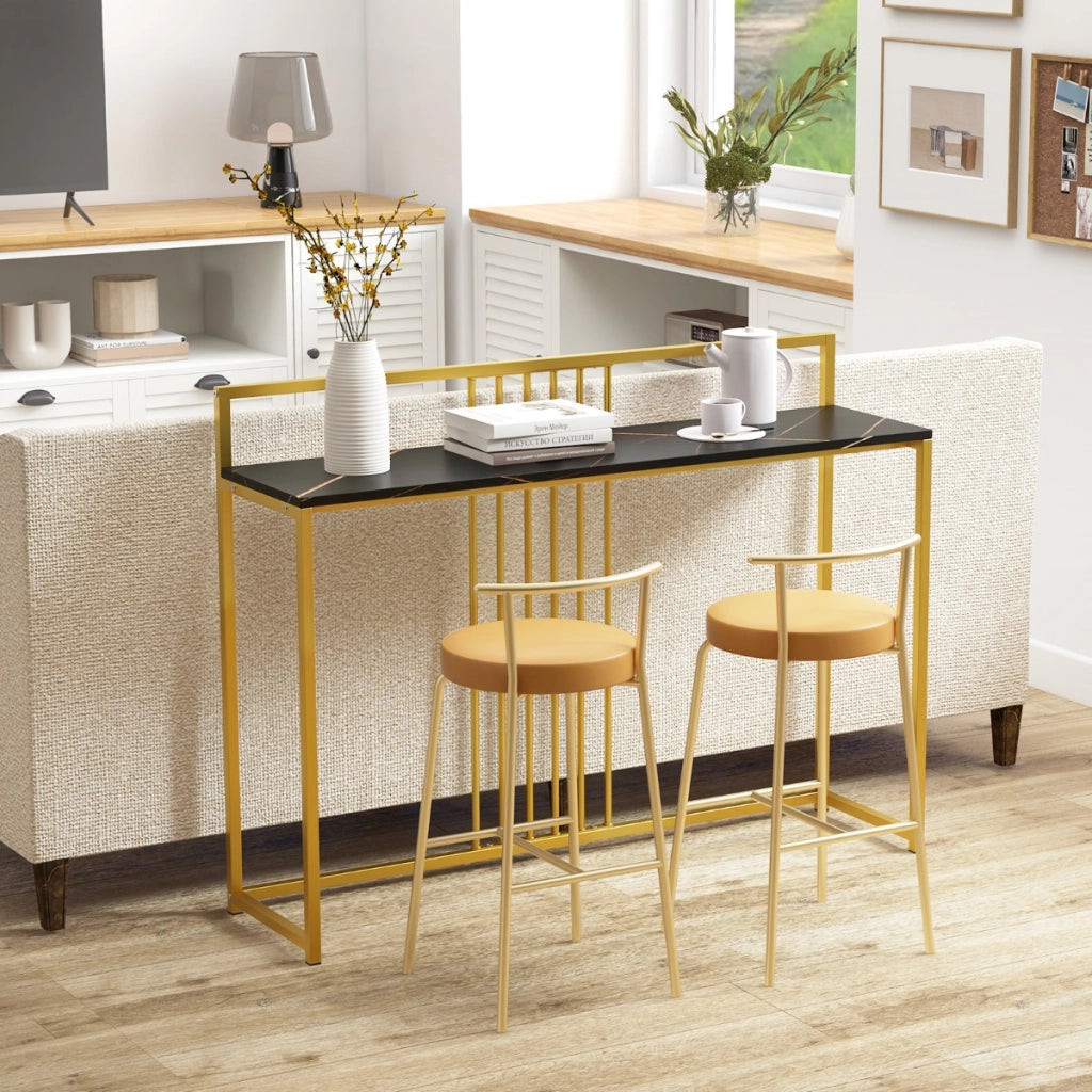 Tavolo da ingresso lungo 120cm, Consolle con piano effetto marmorino sponda struttura in metallo dorato Nero-Consolle