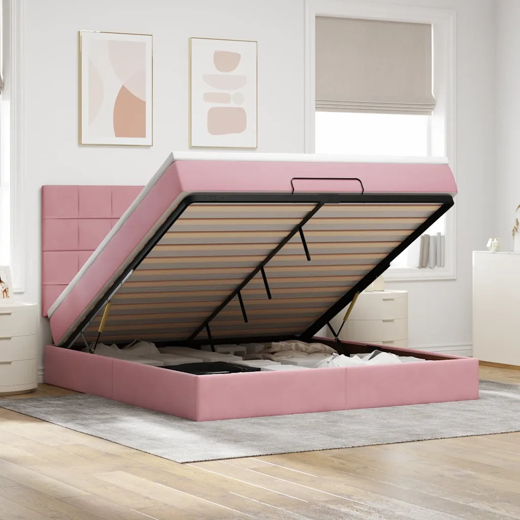 Struttura Letto Pouf con Materassi Rosa 180x200 cm Velluto