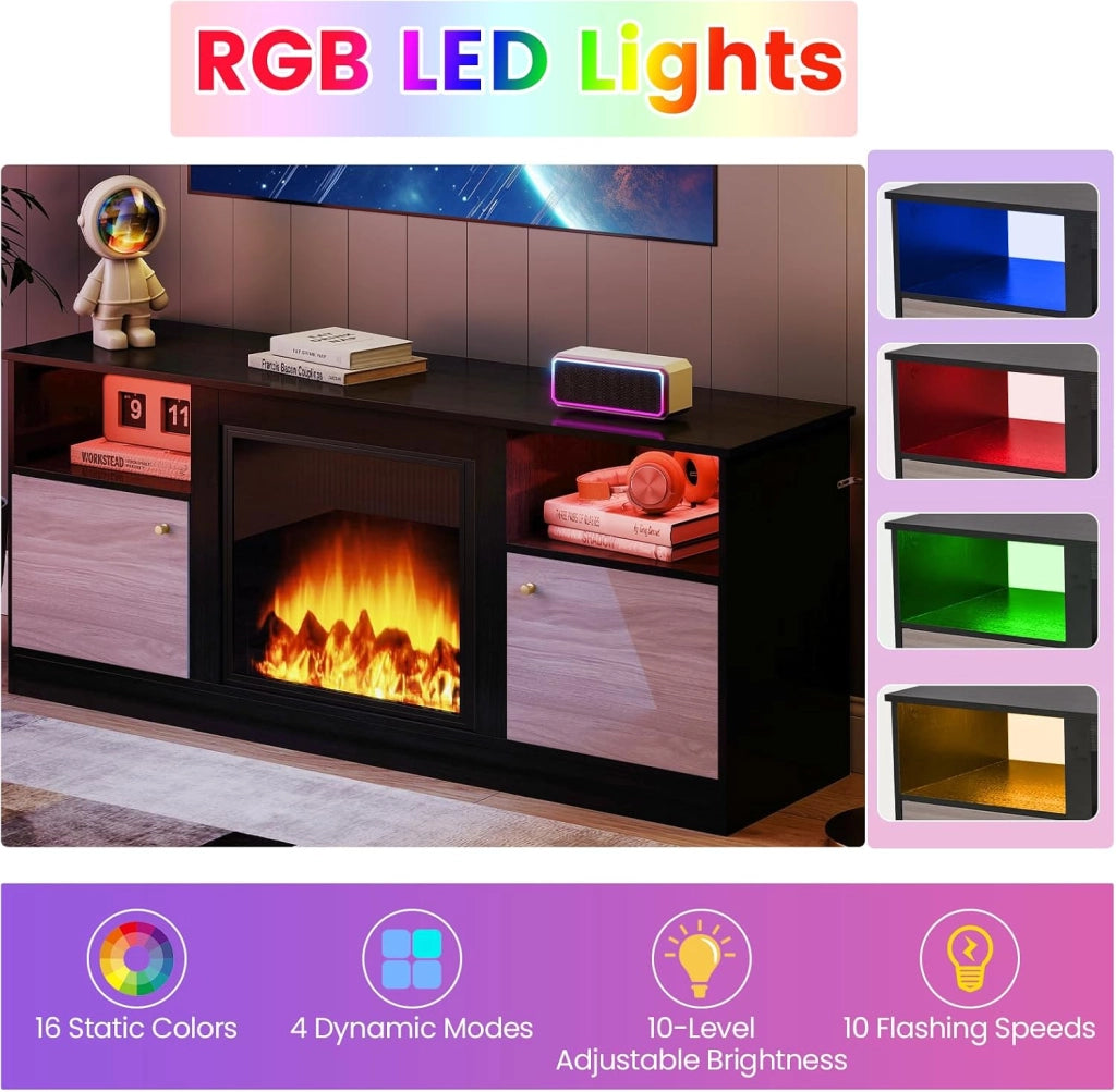 KOMFOTTEU Mobile TV Soggiorno con Luci LED, Mobiletto TV Multifunzione per TV fino a 65”, con Mensola Regolabile e Scomparto Aperto per Camino Elettrico, Mobile Porta TV per Camera da Letto, Nero