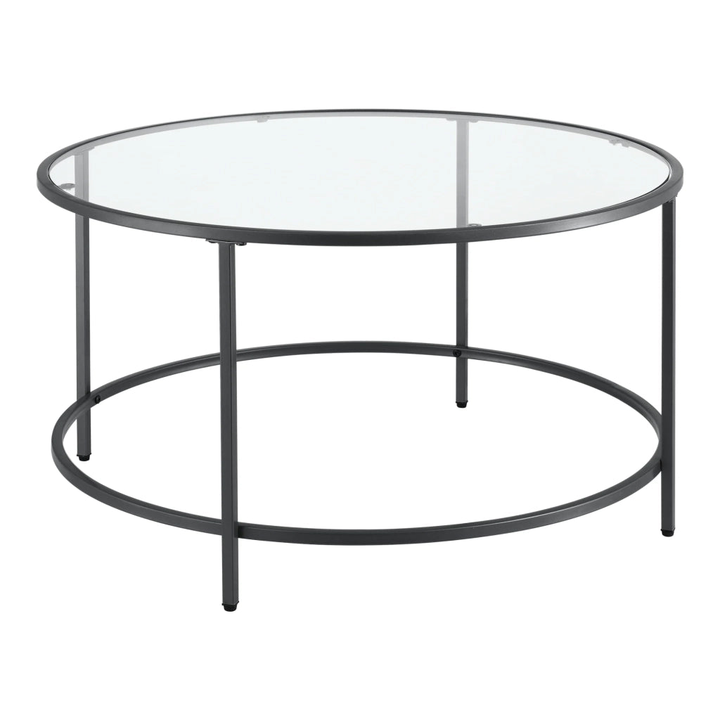 Tavolino rotondo per soggiorno piano in vetro gambe in acciaio 84 cm nero 03_0006180