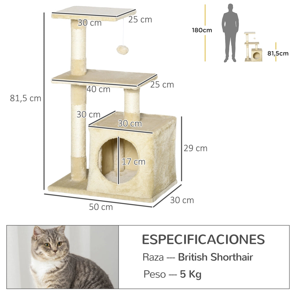 Torre per Gatti con Sisal e Piattaforme ¨C zephmum ¨C 50x30x81.5 cm Beige