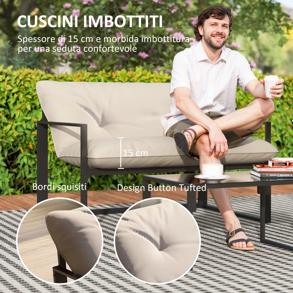 Set 4 Pezzi da Giardino con Divanetto 2 Poltrone e Tavolino in Acciaio, Poliestere e Cotone PP Beige e Grigio