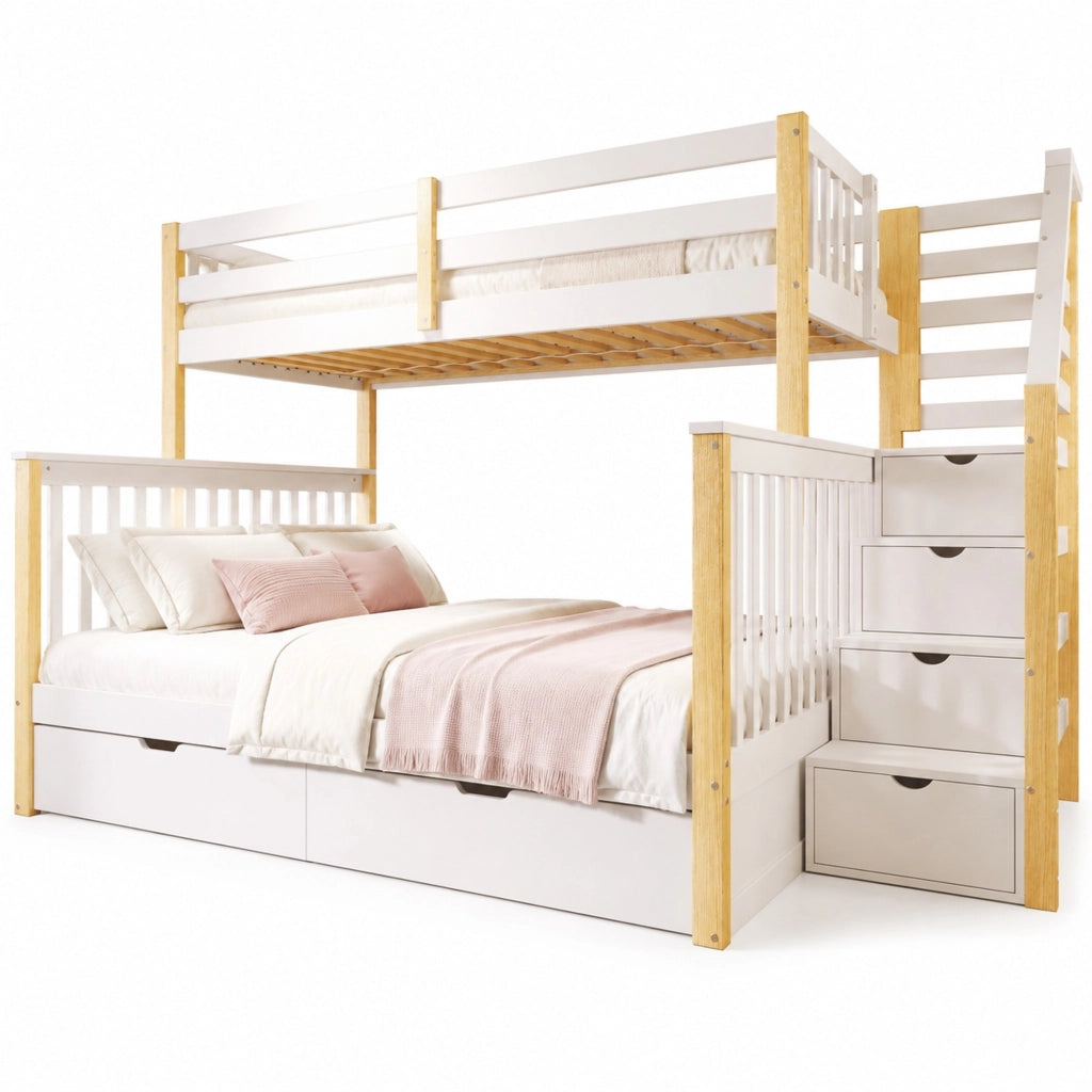 Letto a castello 90×200 cm e 140×200 cm con cassetti; contenitore e scala; senza materasso; bianco e naturale